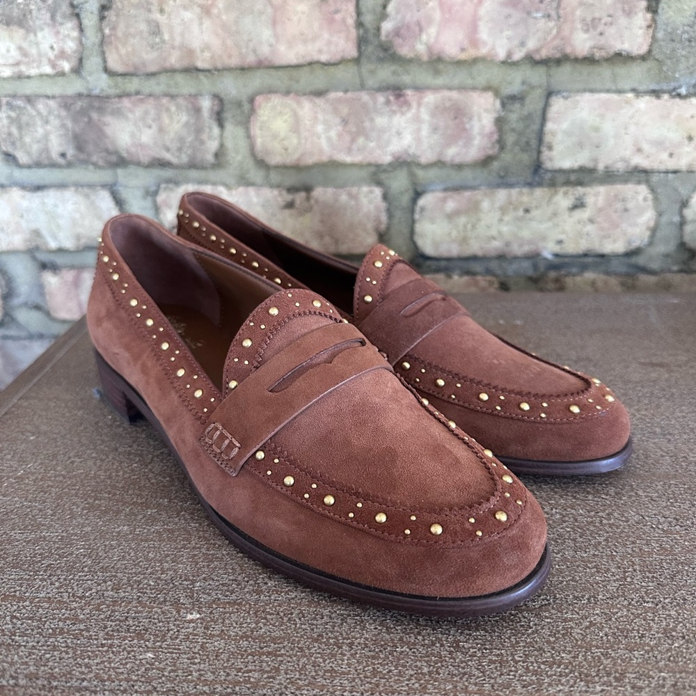 Vince Camuto Camdyn Brown Suede Penny Loafers with Gold Studs